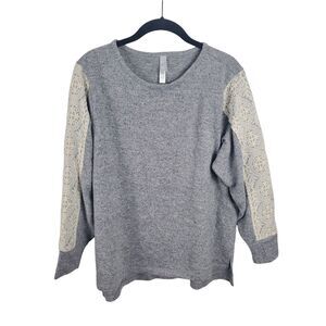 FN Flora Nikrooz Long Sleeve Top Womens Large Lace Detail Grey Crew Neck Casual